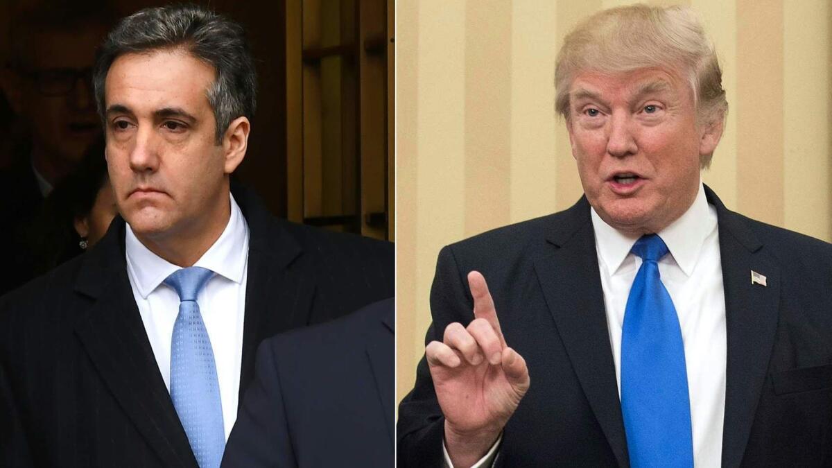 Michael Cohen, left, and President Trump, shown speaking at the White House on Feb. 1, 2017.