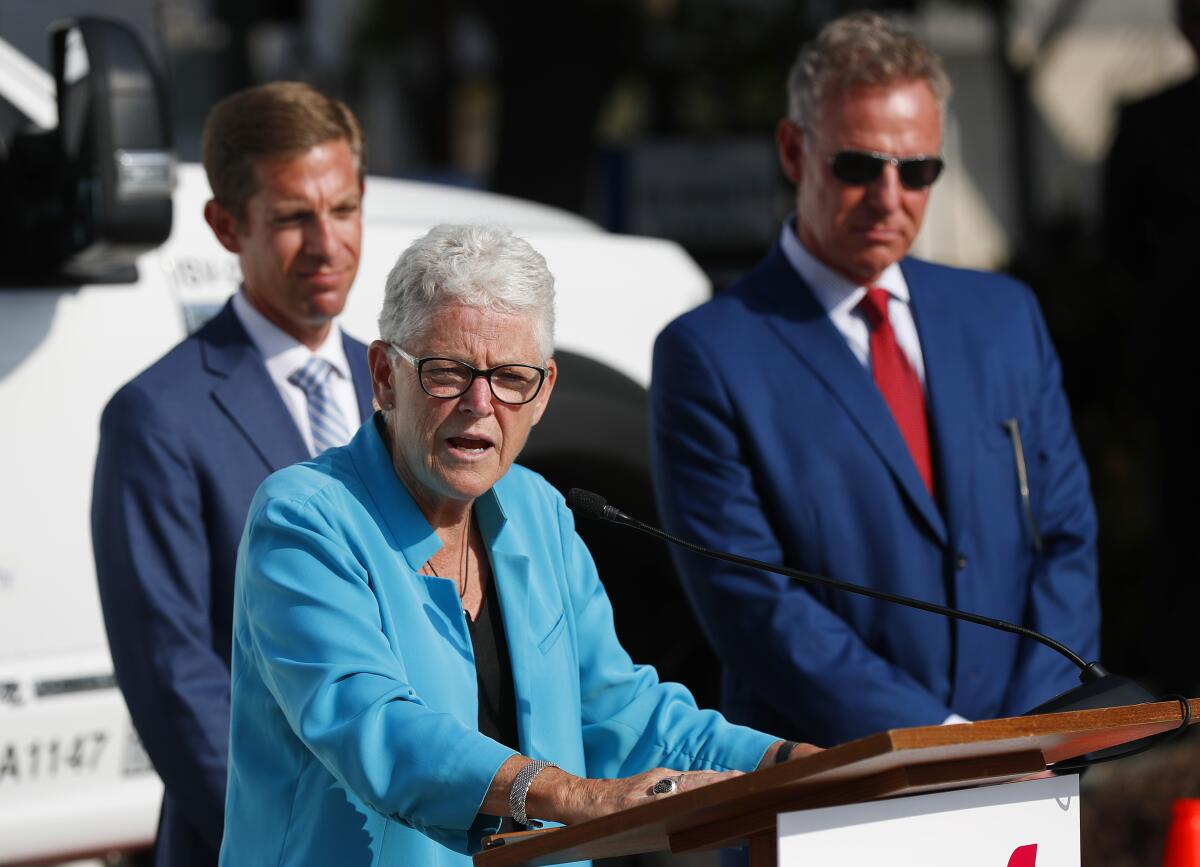 White House National Climate Adviser Gina McCarthy speaks to reporters after touring SDG&E. 