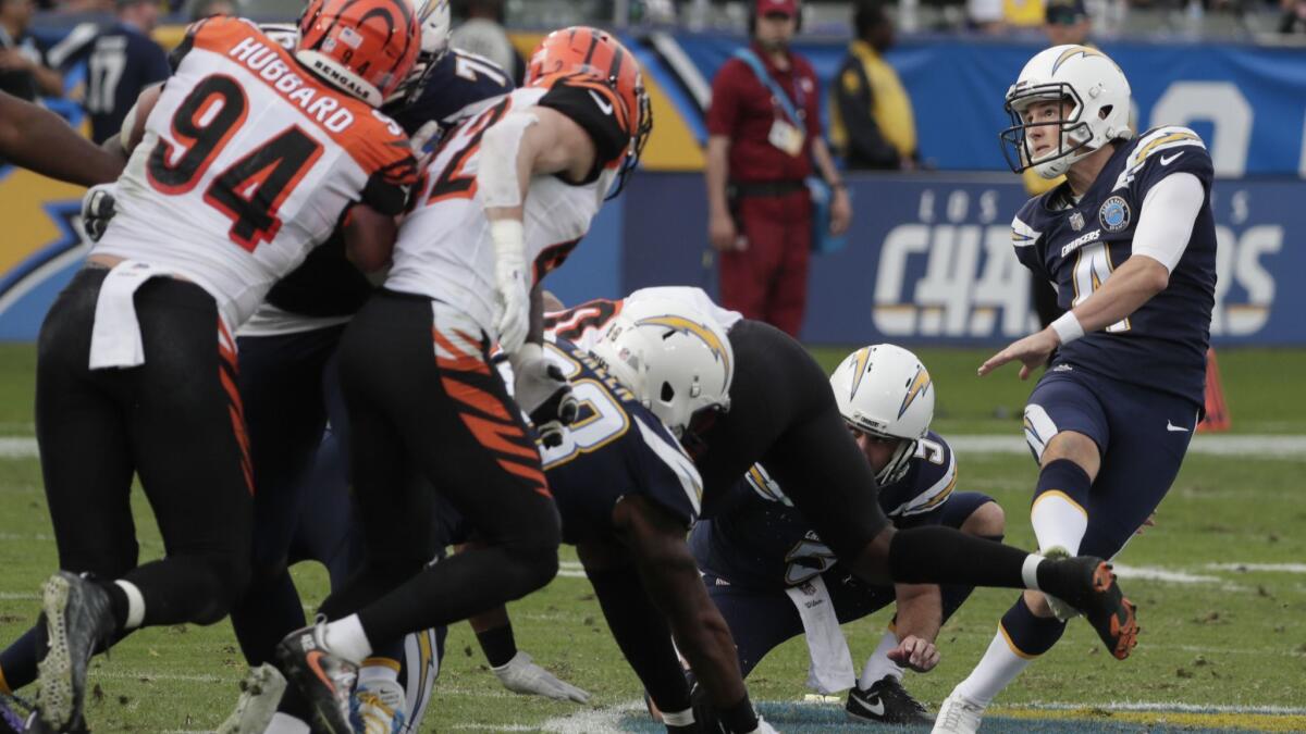 Michael Badgley connects on a 59-yard field goal, the longest in Chargers history, to end the first half against the Bengals on Sunday.