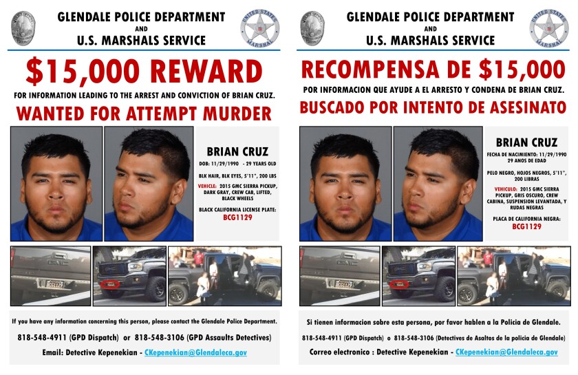 A wanted poster from the Glendale Police Department and U.S. Marshals Service in both English and Spanish offers a $15,000 reward for information that leads to the arrest and conviction of Brian Cruz, who has been on the run from authorities since July after allegedly beating his former fiancee and her mother with a hammer.