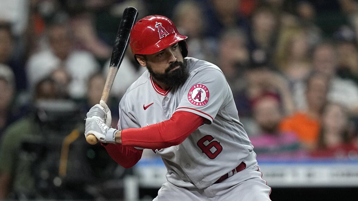 Angels third baseman Anthony Rendon bats against the Houston Astros in April 2022.