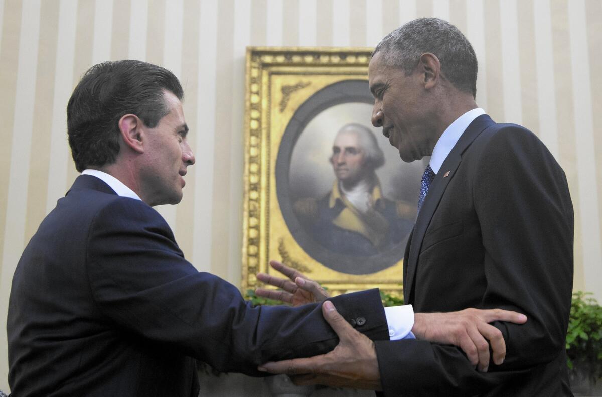 President Obama and Mexican counterpart Enrique Peña Nieto meet in the Oval Office.