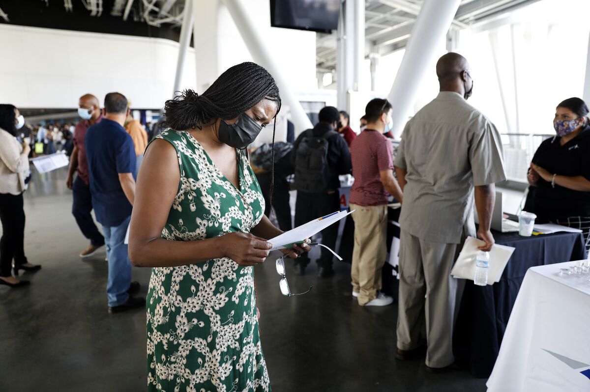 Vina Armstrong of Culver City attends a job fair at SoFi Stadium in Inglewood 
