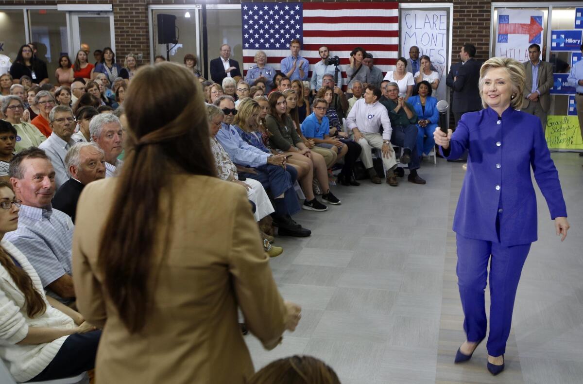 Democratic presidential candidate Hillary Rodham Clinton takes a question during a campaign stop at River Valley Community College Tuesday, Aug. 11, in Claremont, N.H.