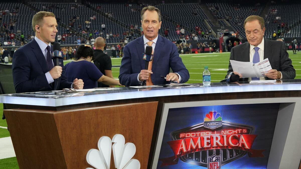 NBC commentators, from left, Liam McHugh, Cris Collinsworth and Al Michaels before an NFL game between the Houston Texans and the Dallas Cowboys.