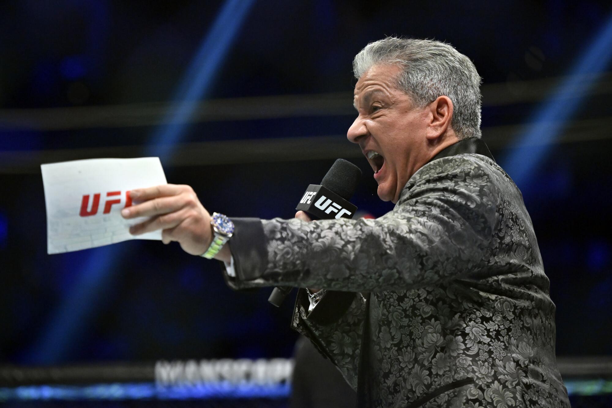 Bruce Buffer announces the fighters before UFC 285 in March 2023.