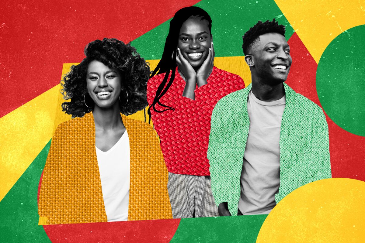 3 people amongst a colorful; red, yellow, and green background
