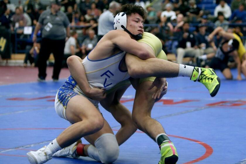 Fountain Valley High School wrestler Max Wilner won the 160-lb. championship match vs. Louis Rojas of St. John Bosco, in the CIF SS Masters Meet, at Cerritos College in Norwalk on Saturday, Feb. 16, 2019.