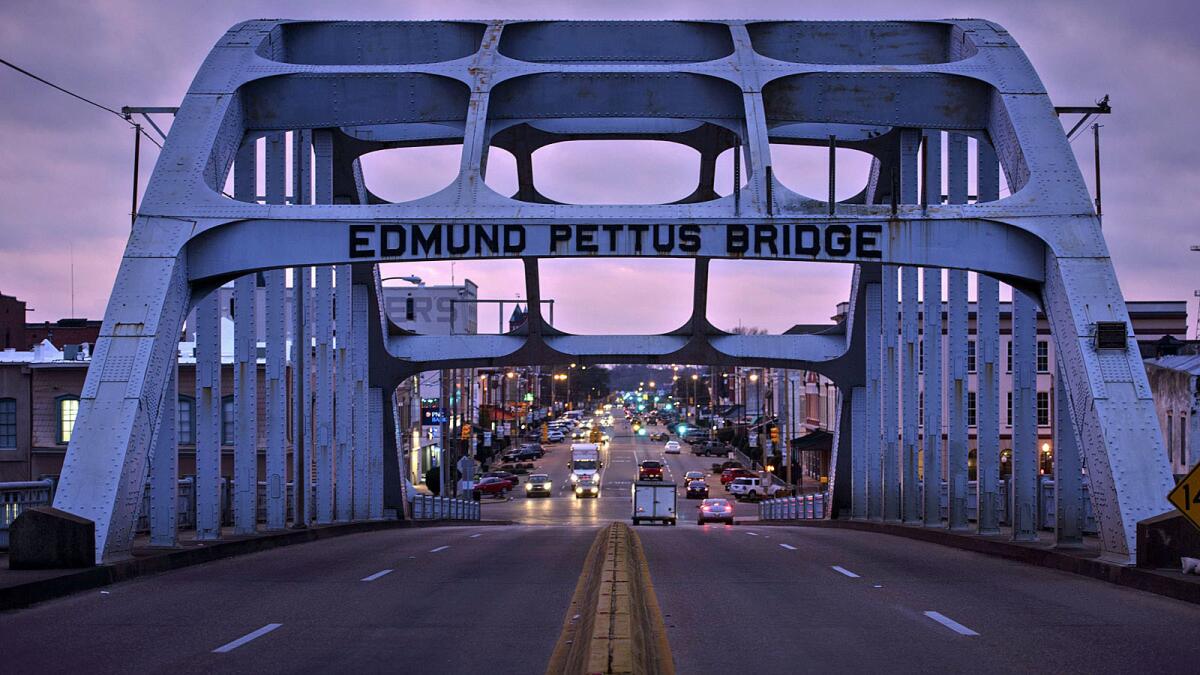 A dusk view of the Edmund Pettus Bridge where route 80 crosses the Alabama River on March 5, 2015 in Selma, Alabama. Saturday will mark the 50th anniversary of Bloody Sunday where civil rights marchers attempting to walk to the Alabama capitol in Montgomery for voters' rights clashed with police on the Edmund Pettus Bridge. AFP PHOTO/ BRENDAN SMIALOWSKIBRENDAN SMIALOWSKI/AFP/Getty Images ** OUTS - ELSENT, FPG - OUTS * NM, PH, VA if sourced by CT, LA or MoD **