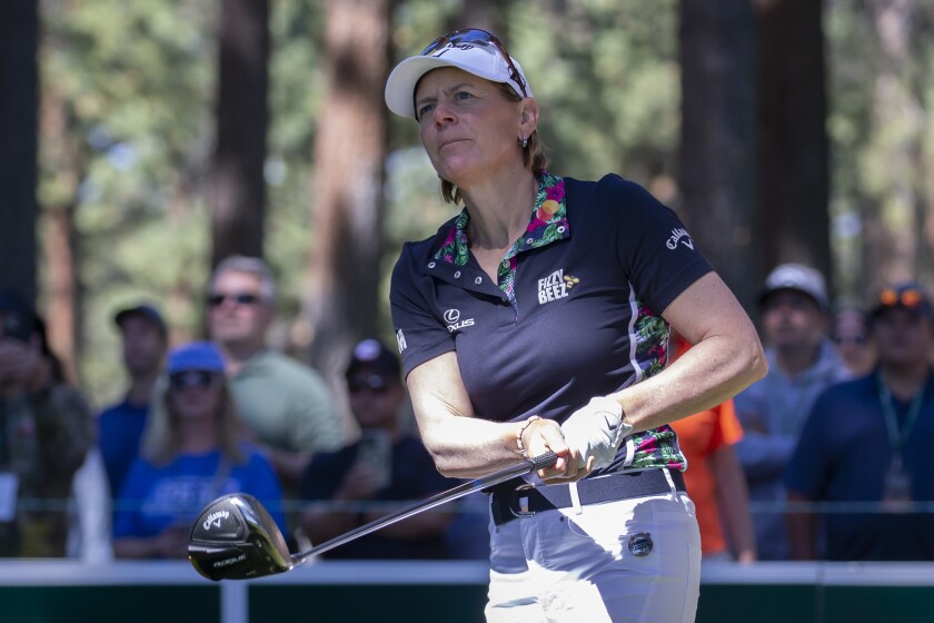 Annika Sorenstam watches a tee shot on the second hole during the first round of the American Century Celebrity Championship golf tournament at Edgewood Tahoe Golf Course in Stateline, Nev., Friday, July 8, 2022. (AP Photo/Tom R. Smedes)