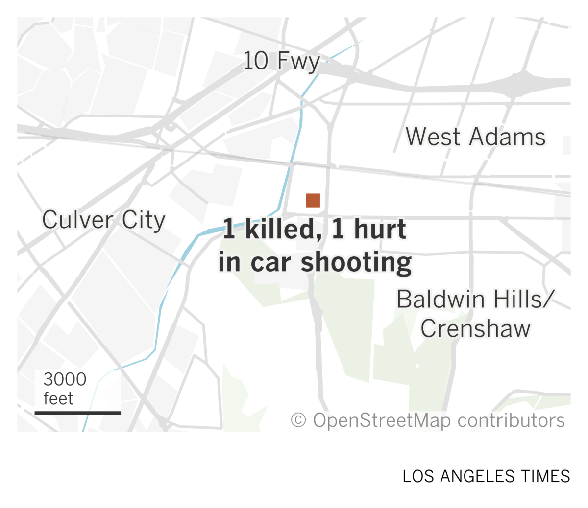 A map of the area near Baldwin Hills/Crenshaw shows where a shooting left 1 person killed and 1 hurt