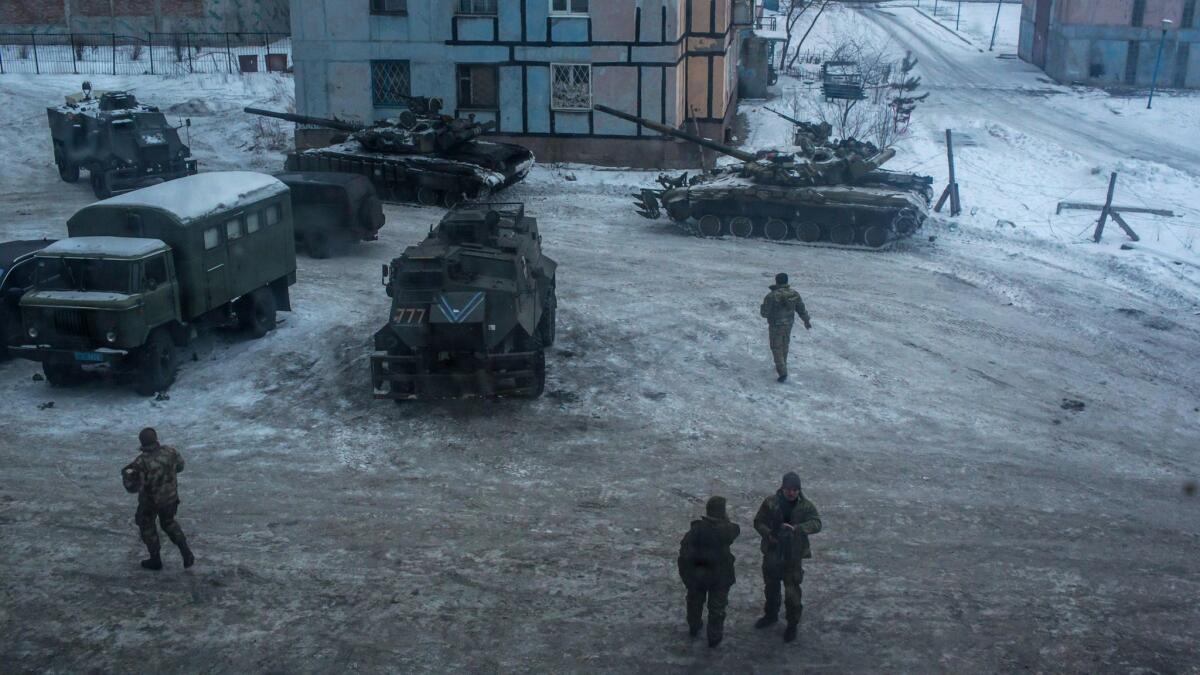 Ukrainian soldiers and tanks in Avdiivka, Ukraine, in Feb. 2, 2017.