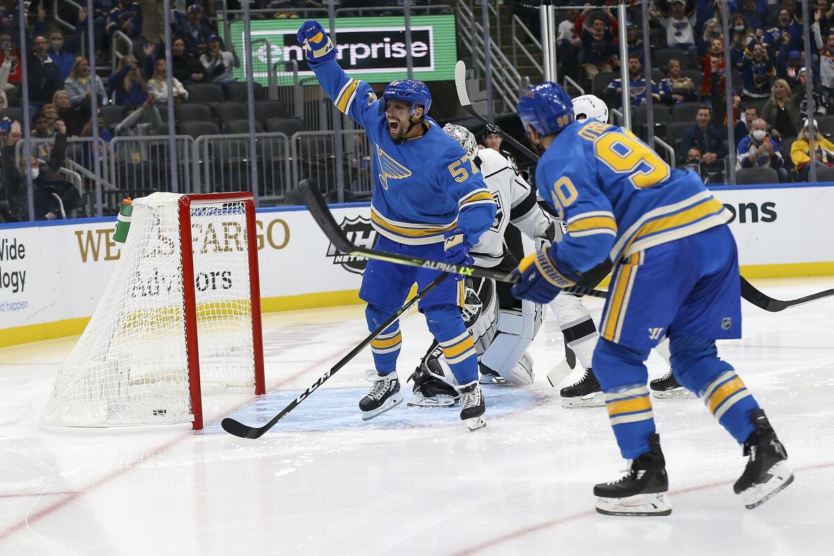 St. Louis Blues forward David Perron celebrates after scoring against the Kings.
