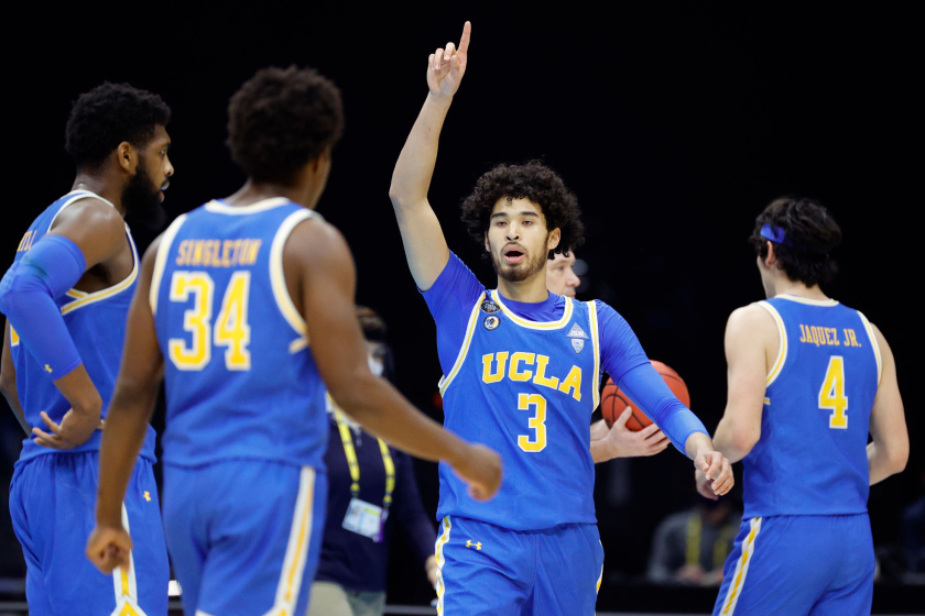 INDIANAPOLIS, INDIANA - APRIL 03: Johnny Juzang #3 of the UCLA Bruins reacts in the second half against the Gonzaga Bulldogs.