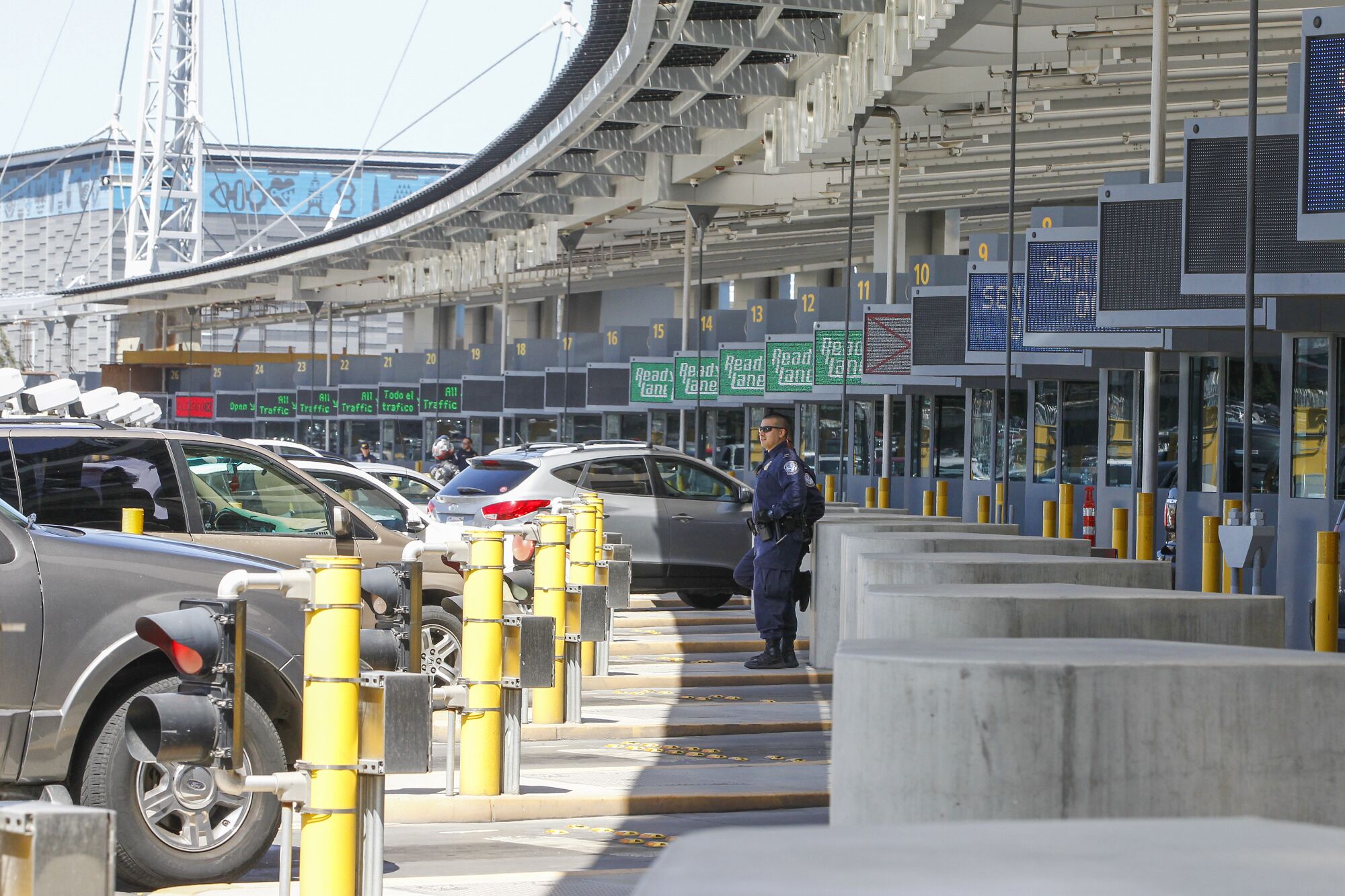Cars wait in line to be inspected by U.S. Customs and Border Protection officers as they enter the San Ysidro Port of Entry