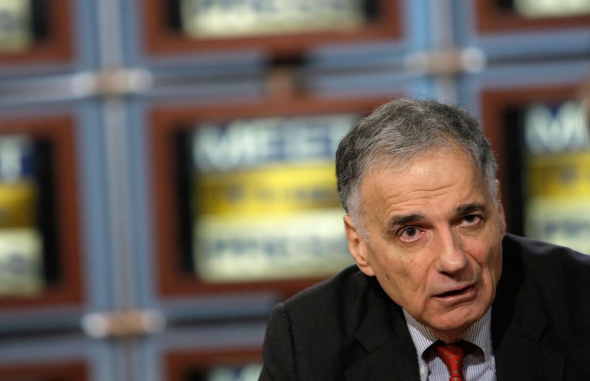 Ralph Nader, whose Green Party presidential candidacy in 2000 some analysts believe contributed to George W. Bush's victory.