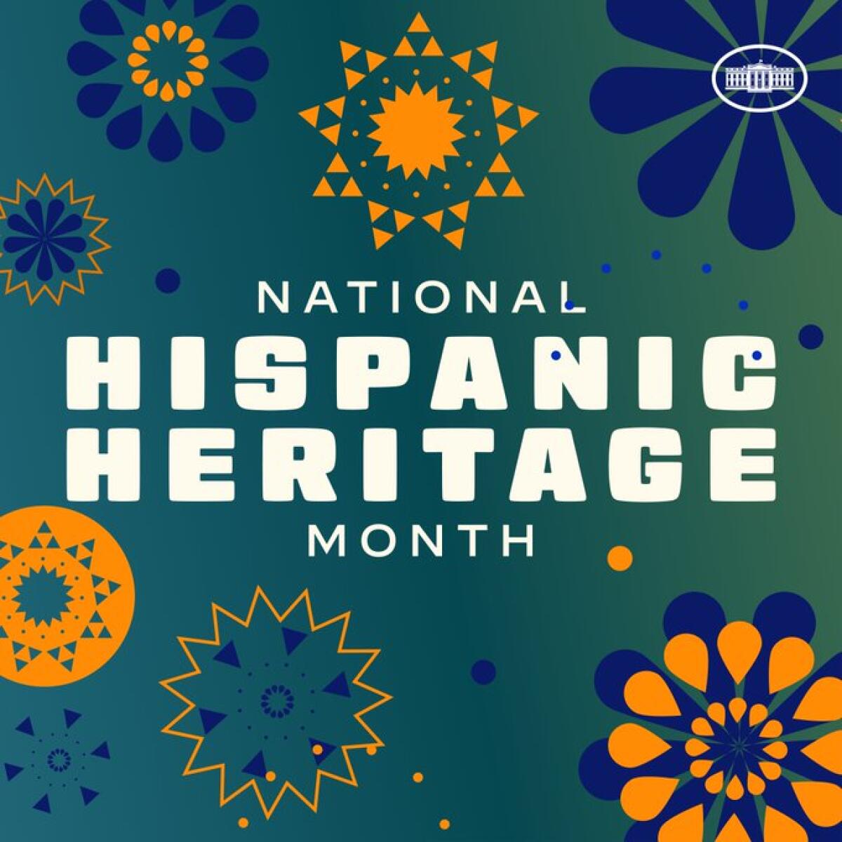 Floral patterns rendered in abstract geometric ways adorn a graphic that reads "National Hispanic Heritage Month"