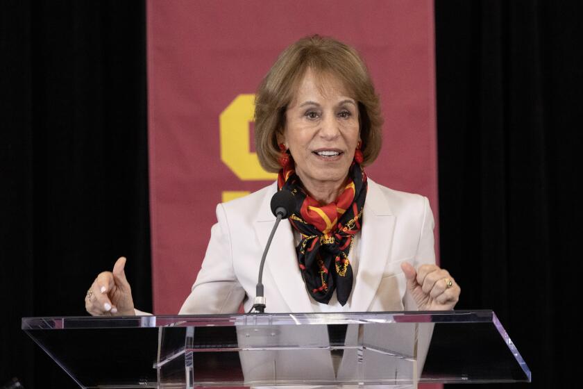 LOS ANGELES, CA- APRIL 05: USC President Carol Folt during the introductory press conference naming Eric Musselman as the head of the men's basketball team on Friday, April 5, 2024 at Albert J. Centofante Hall of Champions at Galen Center. (Myung J. Chun / Los Angeles Times)