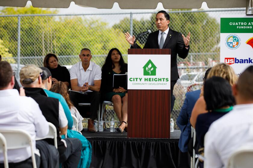 Mayor Todd Gloria speaks during a groundbreaking event for a subsidized housing project in City Heights on Wednesday, April 24, 2024. The project, Cuatro, is a $98 million affordable housing complex developed by City Heights Community Development Corporation and Wakeland Housing and Development Corporation. Families are expected to move into the 117-unit complex by fall 2025.