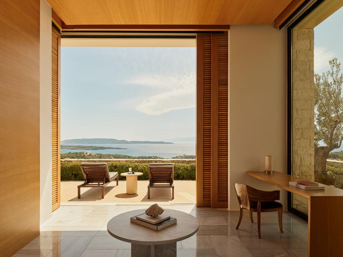A view from the interior of a private pool villa at Amanzoe.