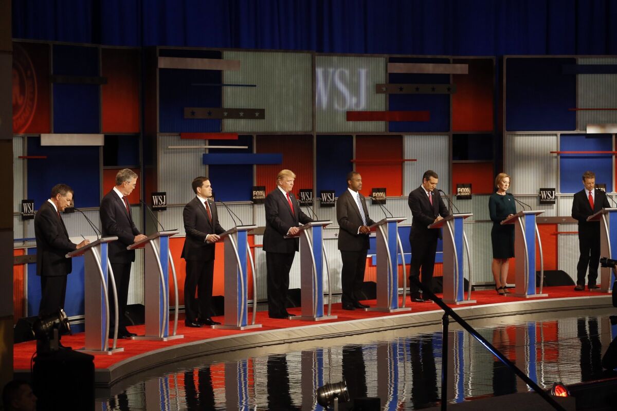 Republican presidential candidates at a debate in Milwaukee on Nov. 10.