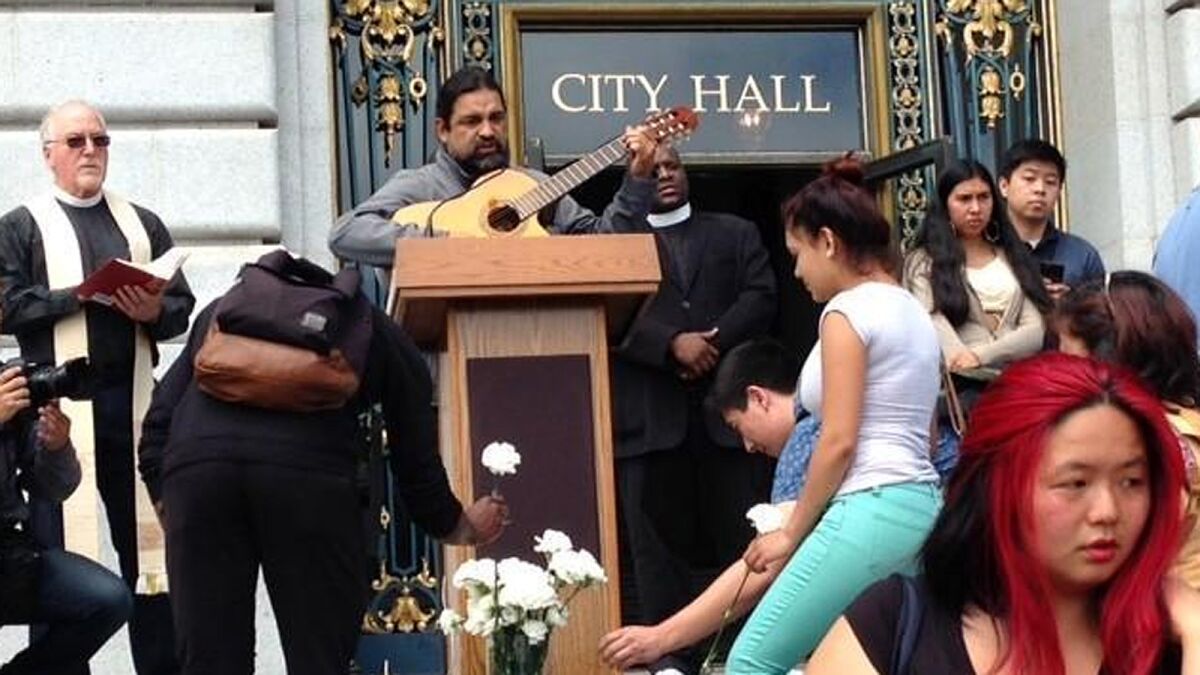 Immigrant rights advocates held an event on the steps of San Francisco City Hall on Tuesday to offer condolences to the family of Kate Steinle, who was killed, allegedly by an immigrant who had been deported five times for entering illegally. They called for "sober" dialogue that would keep all communities safe.