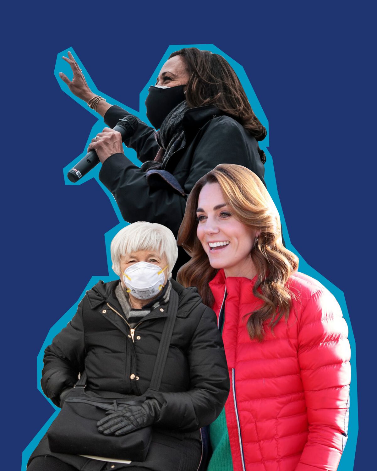 Treasury Secretary Janet Yellen, Vice President Kamala Harris and Kate Middleton all wear puffer jackets or coats.