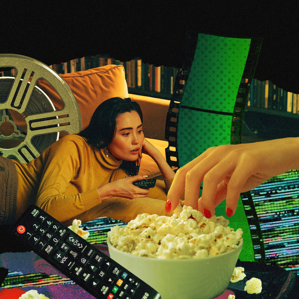 Collage of a woman with a remote, hand reaching into popcorn 