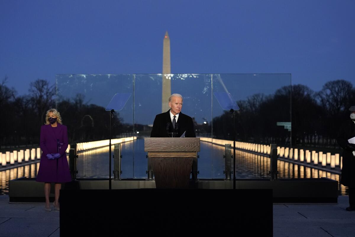 President-elect Joe Biden speaks during a COVID-19 memorial