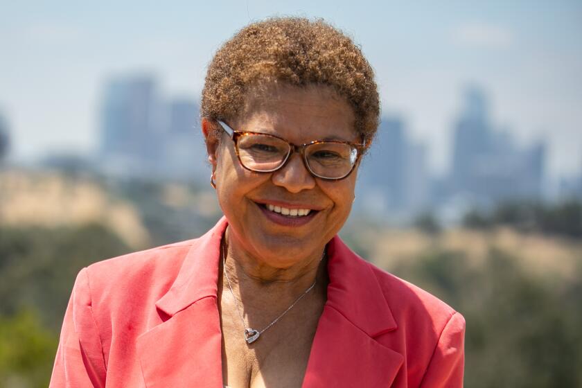 LOS ANGELES, CA - MAY 27: Rep. Karen Bass, a candidate for Los Angeles mayor, gathers with various prominent supporters at Angel's Point in Elysian Park to celebrate the campaign's momentum ahead of June's primary election on Friday, May 27, 2022 in Los Angeles, CA. (Jason Armond / Los Angeles Times)