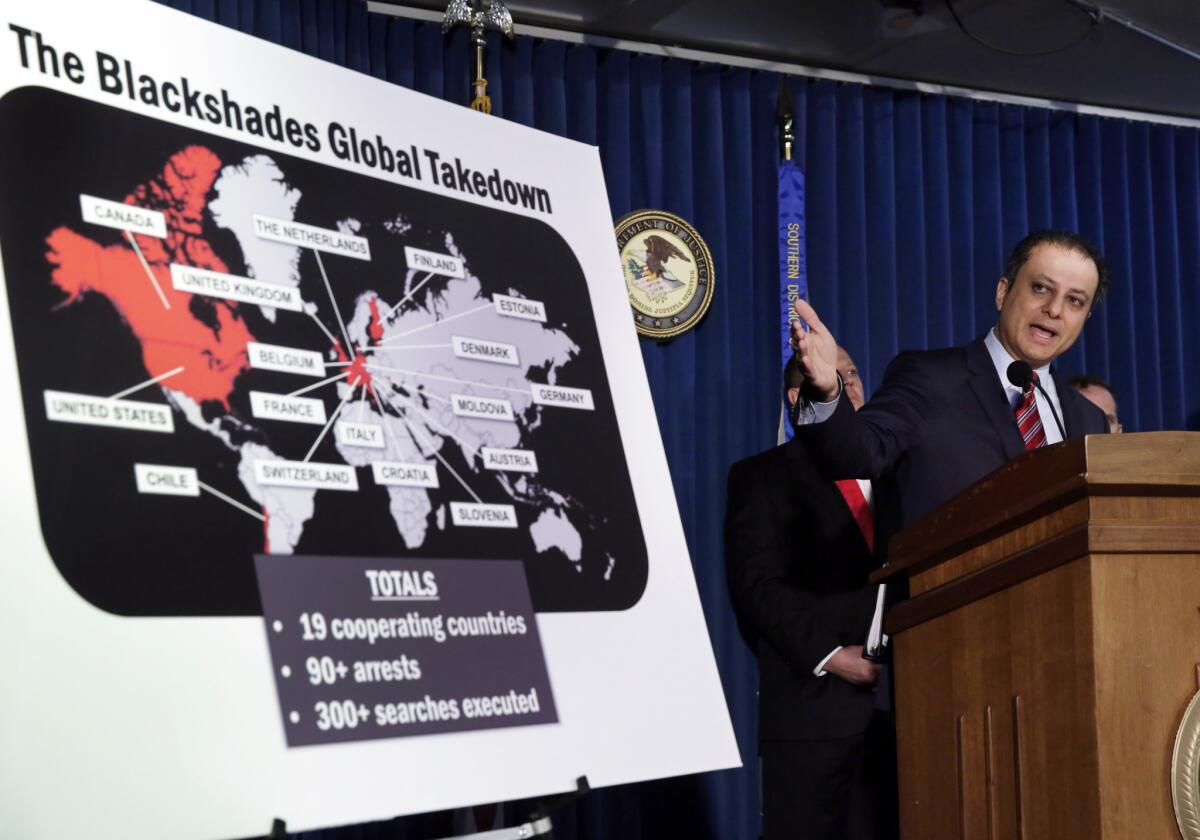 Preet Bharara, U.S. attorney in Manhattan, discusses the Blackshades arrests during a news conference Monday. More than a half-million computers in over 100 countries were infected by the malware.