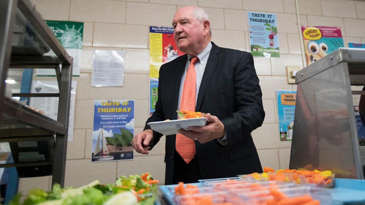 Agriculture Secretary Sonny Perdue goes though the lunch line at a Virginia grade school in 2017.
