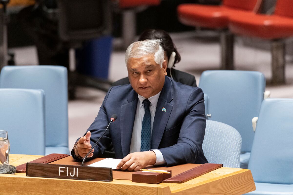 Satyendra Prasad, Fiji's ambassador to the United Nations, speaks during a 2020 Security Council meeting.