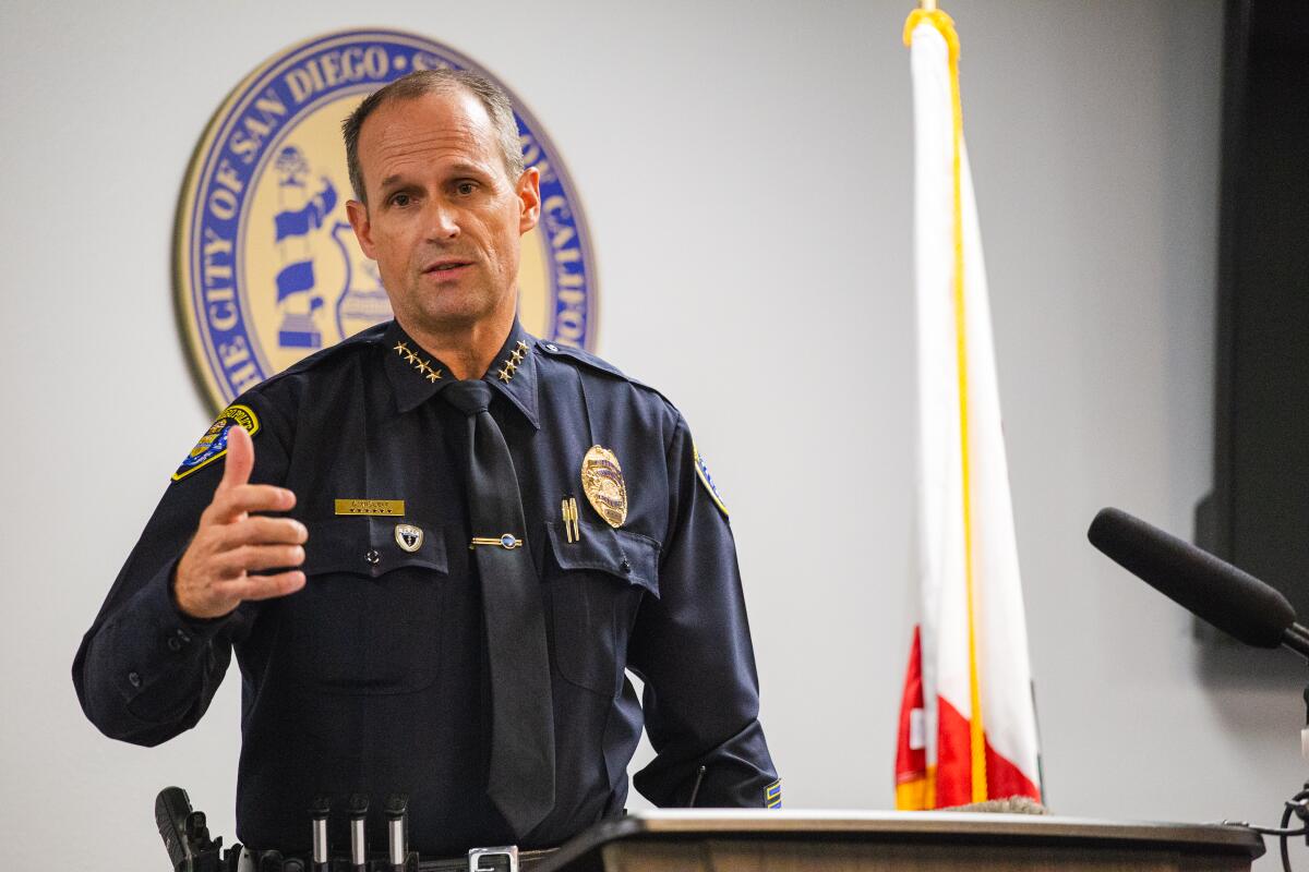 San Diego Police Chief David Nisleit speaks at a news conference 