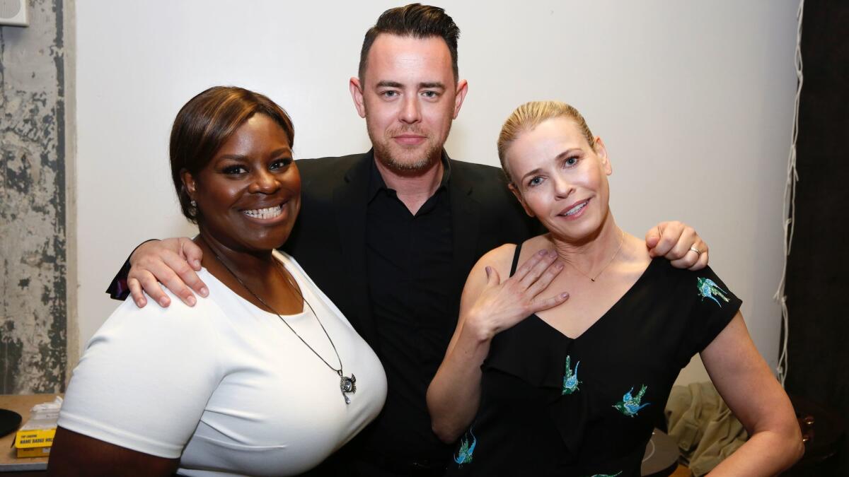 Colin Hanks is flanked by Retta, left, and Chelsea Handler at the Young Literati event.