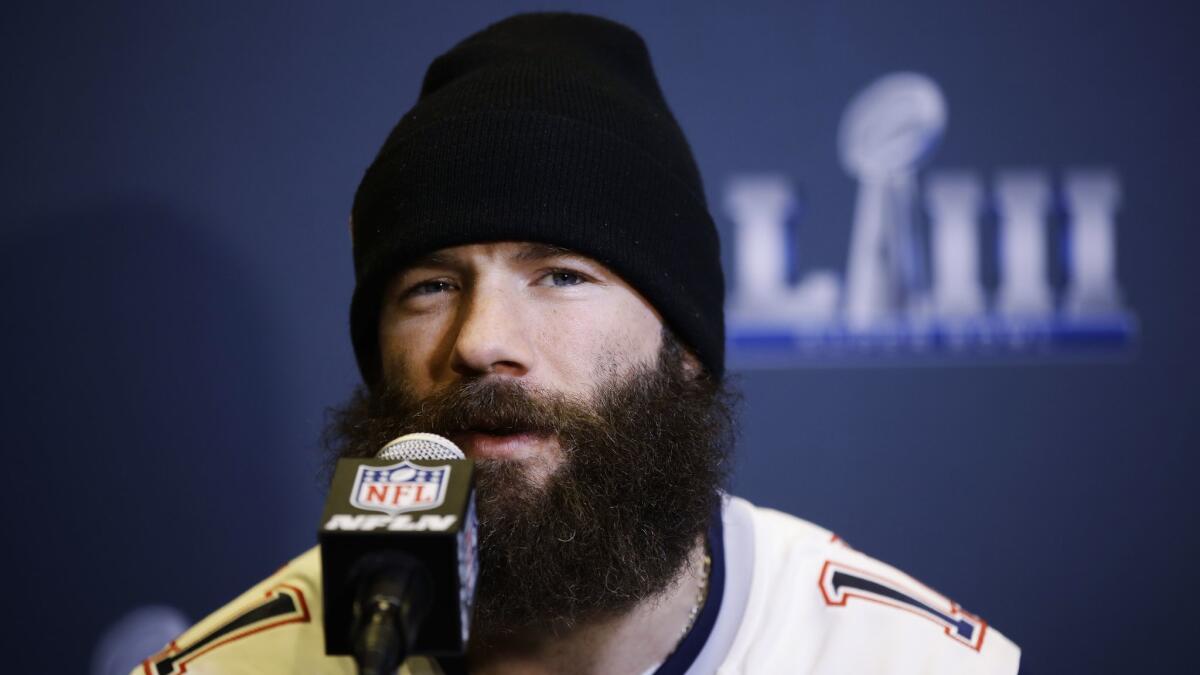 Julian Edelman of the New England Patiots fields media questions ahead of Sunday's Super Bowl matchup against the Rams.