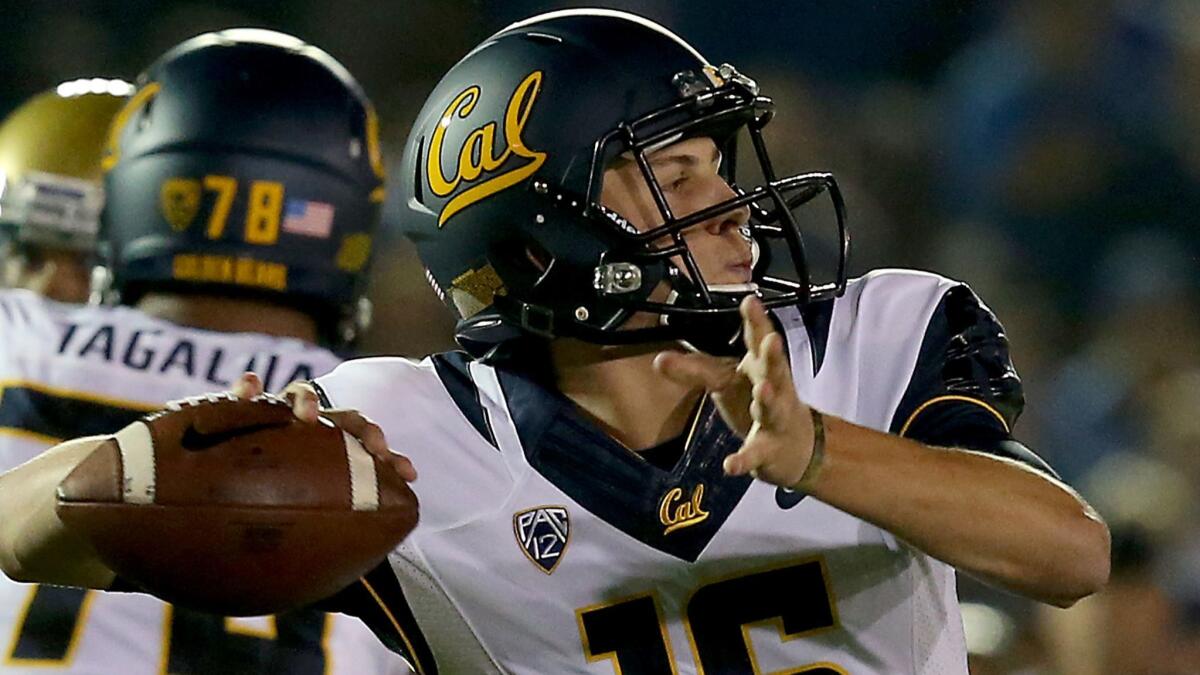 Jared Goff throws a deep pass against UCLA in 2013 at the Rose Bowl when Goff played for the California Golden Bears.