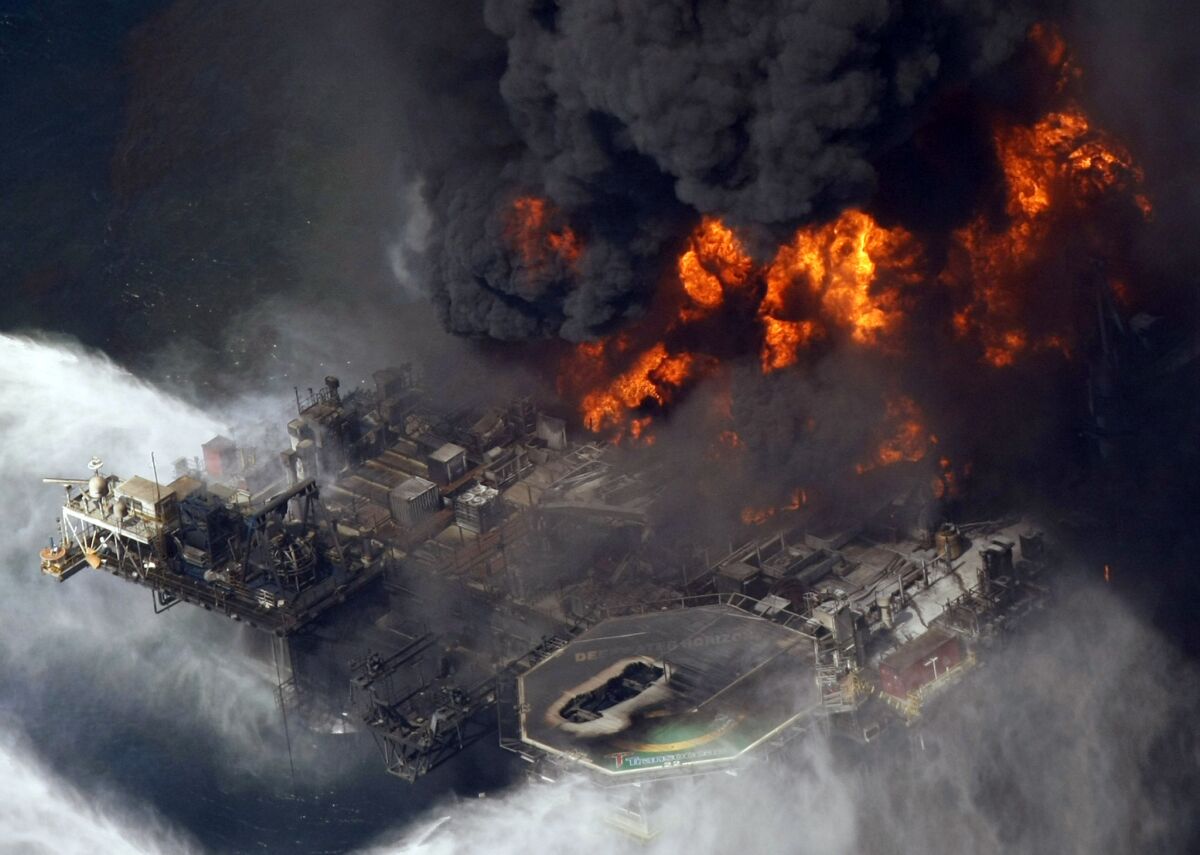 The Deepwater Horizon oil rig burns in the Gulf of Mexico on April 21, 2010.