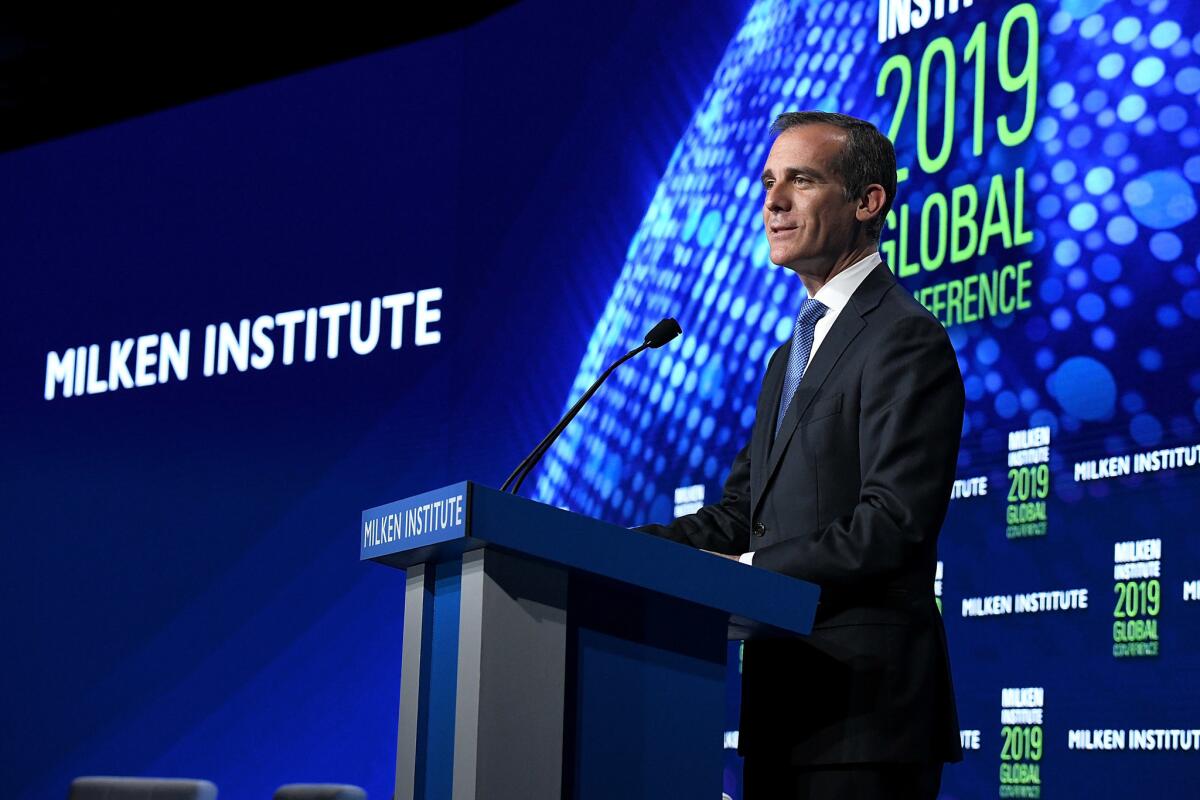 Los Angeles Mayor Eric Garcetti speaks at the Milken Institute Global Conference in April 2019 in Beverly Hills.