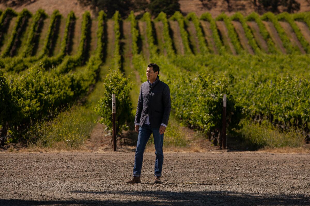 Assembly Speaker Robert Rivas stands with farmland in the background