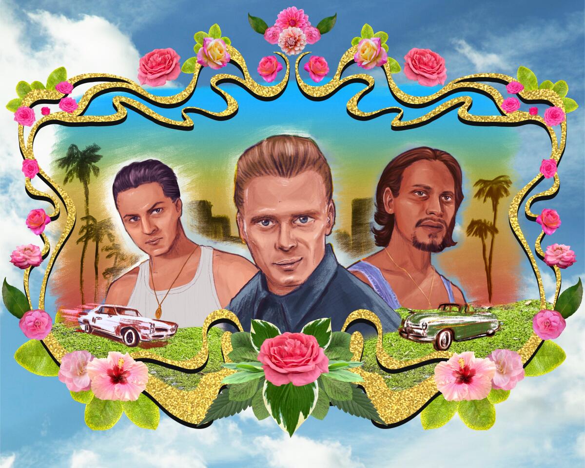 Illustrations of  Benjamin Bratt, Damian Chapa and Jesse Borrego on a sky background with vintage cars 