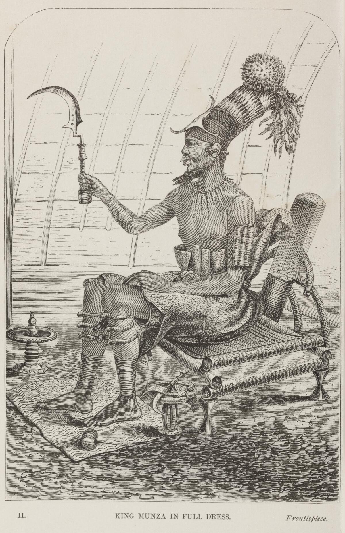 A 19th century engraving shows a regal African king of the Mangbetu ethnicity wielding a scepter while perched on a throne