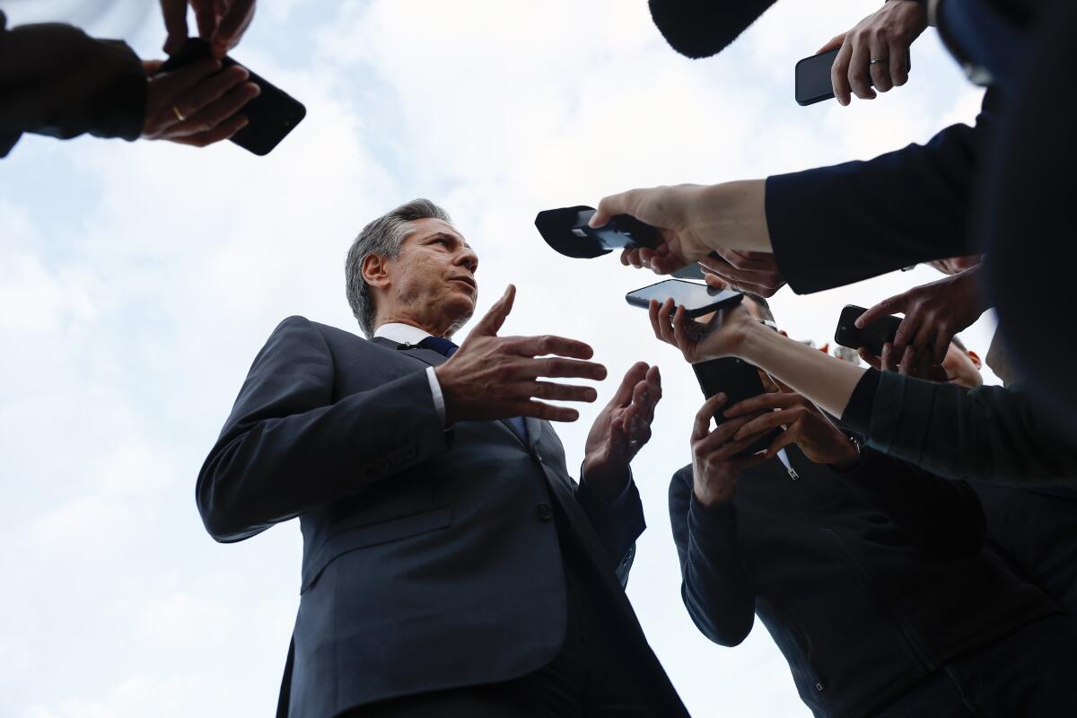 U.S. Secretary of State Antony J. Blinken speaks to media in Tel Aviv.