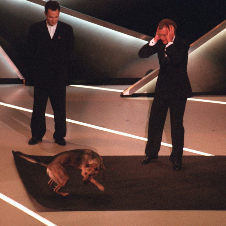 David Letterman with Oscar dog in 1995.