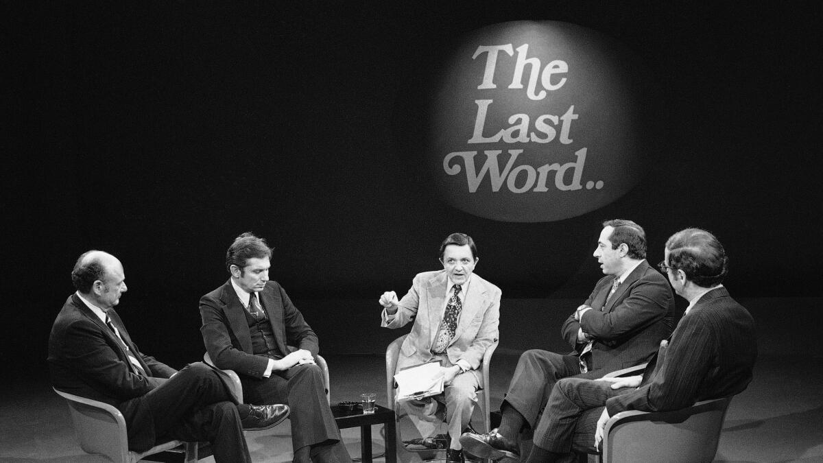 Gabe Pressman, center, hosts a televised New York mayoral debate with candidates Edward Koch, far left, Barry Farber, second from left, Mario Cuomo, second from right, and Roy Goodman on Nov. 8, 1977.