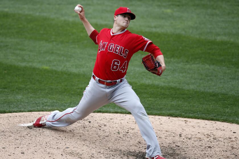 Angels relief pitcher Mike Morin delivers during a game against the Chicago White Sox on April 20.
