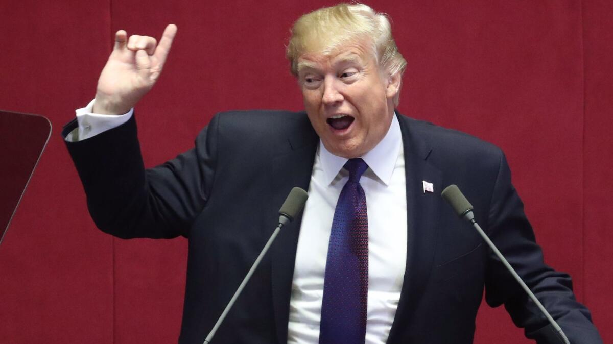 President Trump delivers a speech at the National Assembly in Seoul, South Korea on Nov. 8.