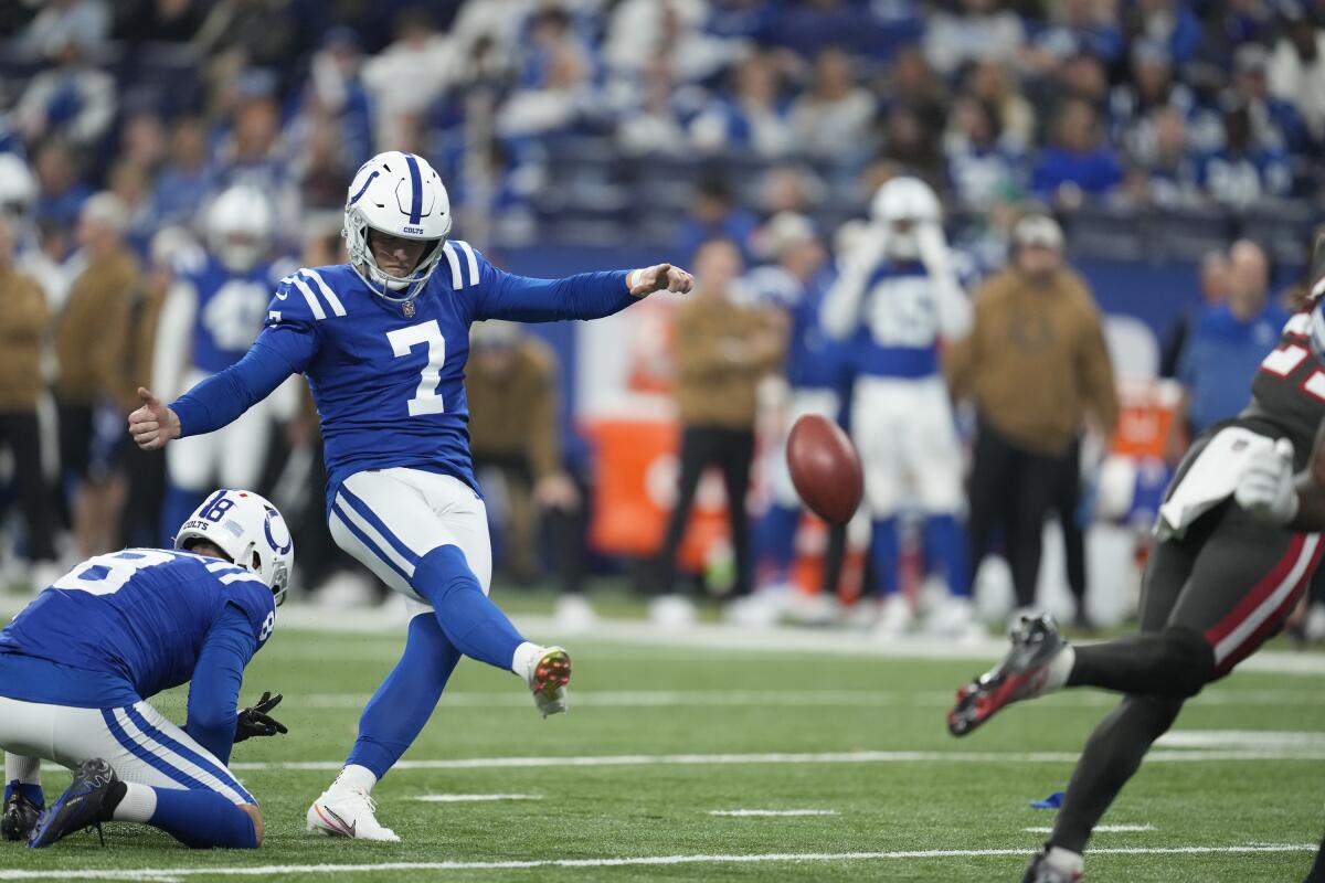 Matt Gay kicks a field goal for the Indianapolis Colts against the Tampa Bay Buccaneers on Nov. 26.