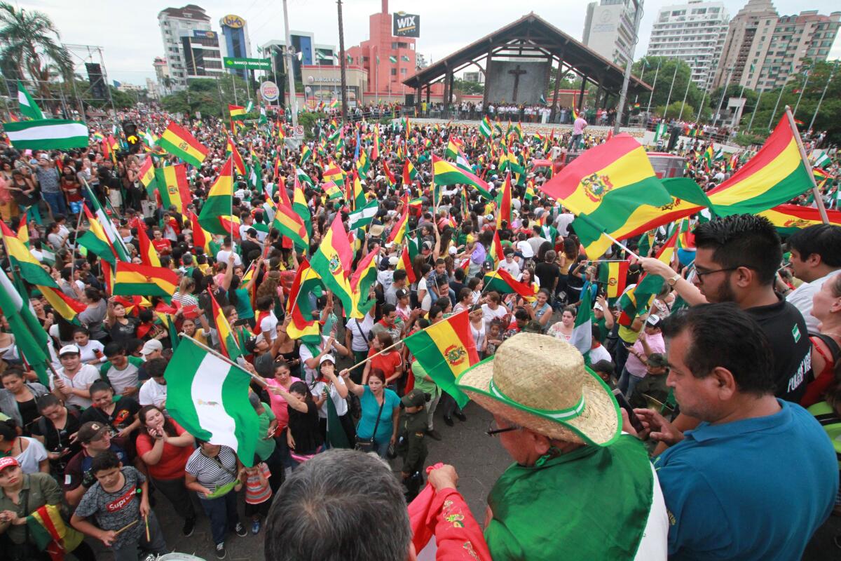 A celebration erupts in the streets of Santa Cruz, Bolivia, after the resignation of President Evo Morales on Nov. 10, 2019. 