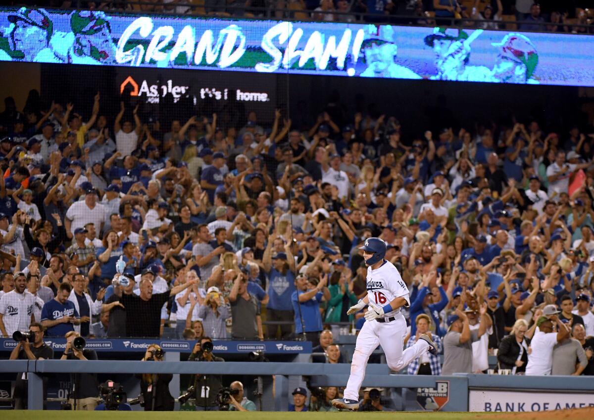 LOS ANGELES, CALIFORNIA - AUGUST 01: Will Smith #16 of the Los Angeles Dodgers reacts to his grand slam homerun, to take a 5-2 lead over the San Diego Padres, during the sixth inning at Dodger Stadium on August 01, 2019 in Los Angeles, California. (Photo by Harry How/Getty Images) ** OUTS - ELSENT, FPG, CM - OUTS * NM, PH, VA if sourced by CT, LA or MoD **